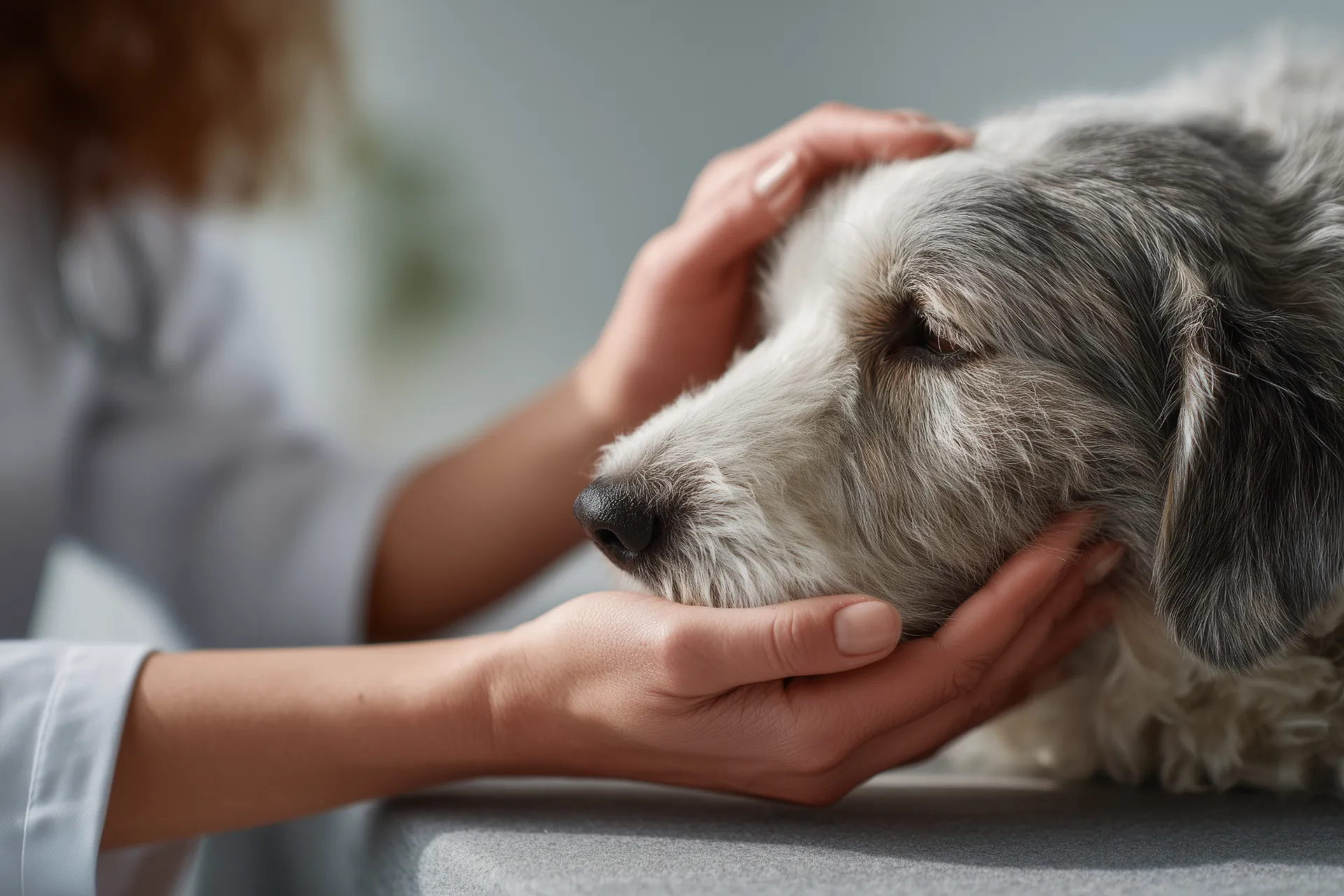 Tierärztin streichelt ruhigen Hund in heller Praxis